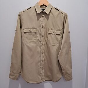 Vtg Tilley Endurables Tan Button-Up Military Utility Safari Grunge Shirt WomensM
